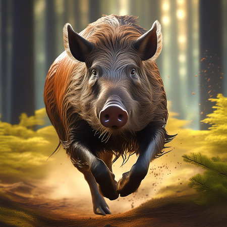 Wild boar running in the forest - 3d render illustration.の素材