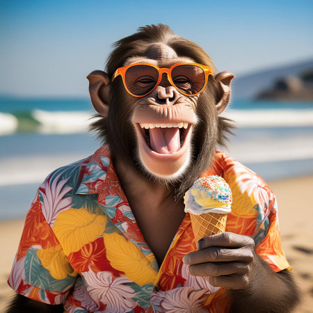 Monkey eating an ice cream on the beach, summer vacation conceptの素材