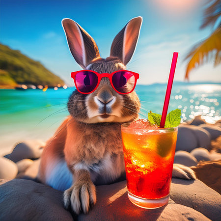 Cute little rabbit in sunglasses and a cocktail on the beach.の素材
