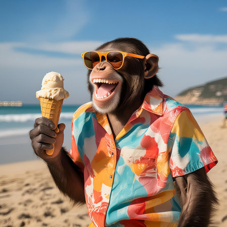 Cheerful chimpanzee in sunglasses eating ice cream on the beachの素材