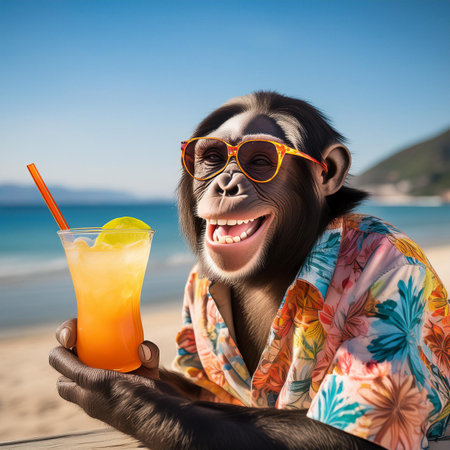 Chimpanzee in sunglasses with a cocktail on the beach.の素材