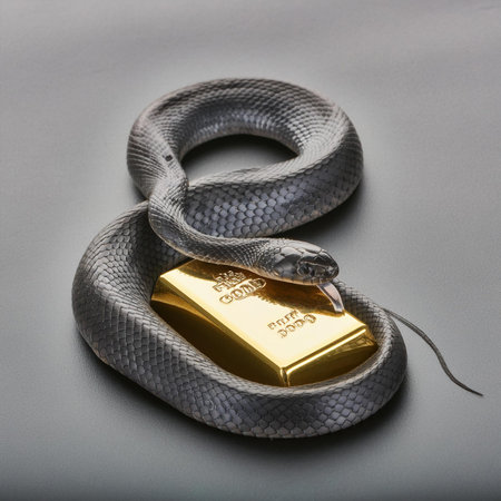 Gold bullion and a black snake on a black background, close-upの素材