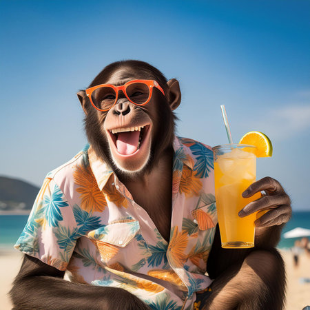 Monkey drinking orange juice over blue sky background. Happy monkey on the beachの素材