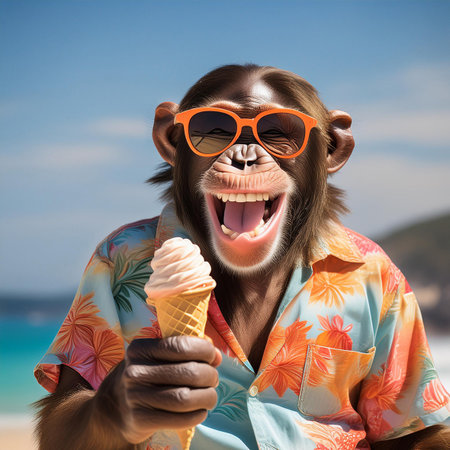 Monkey eating an ice cream on the beach, summer vacation conceptの素材
