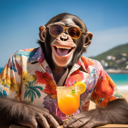 Monkey drinking a cocktail at the beach. Conceptual image.の素材