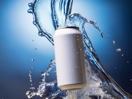 Cream bottle with splashes of water on a blue background.の素材