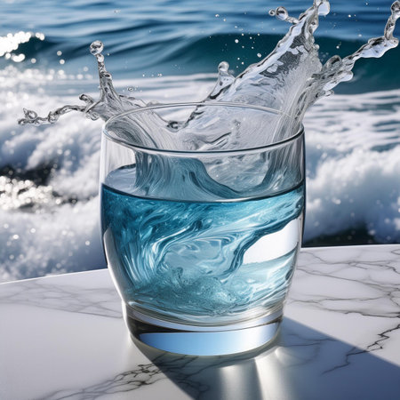 Blue water splash in a glass on a white marble table. 3d renderingの素材