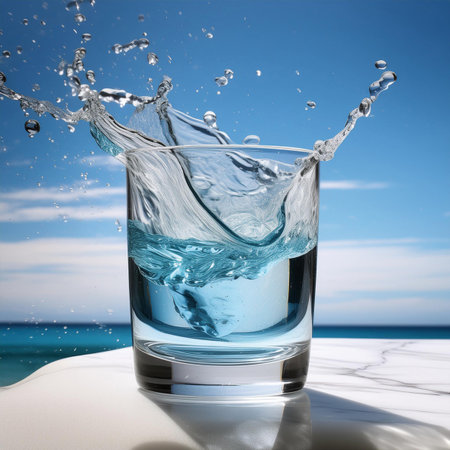 Glass of water with splash on the beach. 3d rendering.の素材