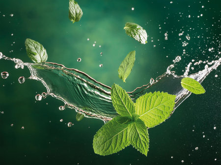 Mint leaves falling into water with splash on dark green background.の素材