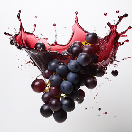 Red and black grape splashing out of a glass on white backgroundの素材