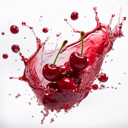 Cherry splashing into a glass of juice, isolated on white backgroundの素材