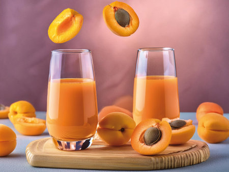 Fresh apricot juice in glasses and ripe apricots on cutting board on color backgroundの素材