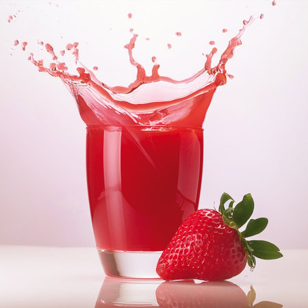 strawberry juice splashing out of a glass on a white backgroundの素材