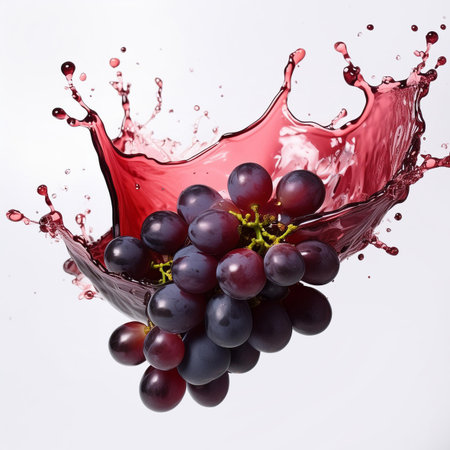 Red wine splashing from glass with grapes on white background, isolatedの素材