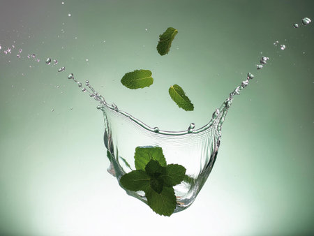 Mint leaves falling into a glass with water splashes on green backgroundの素材
