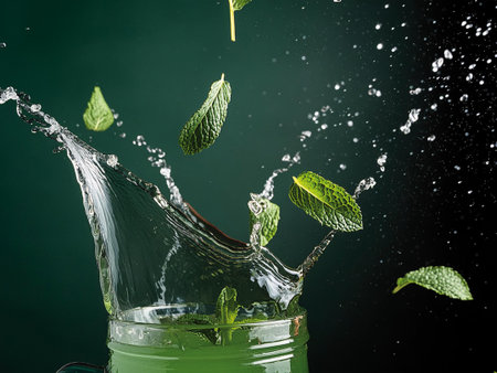 Fresh mint leaves splashing out of a glass with water on a dark backgroundの素材