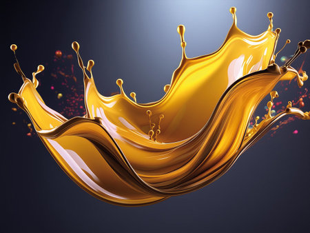 3d rendering of a golden liquid splash isolated on black background.の素材