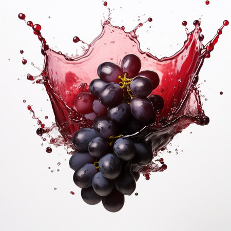 Red wine splash with grapes isolated on white background. 3d illustrationの素材