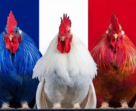 Three roosters on the background of the flag of France.の素材