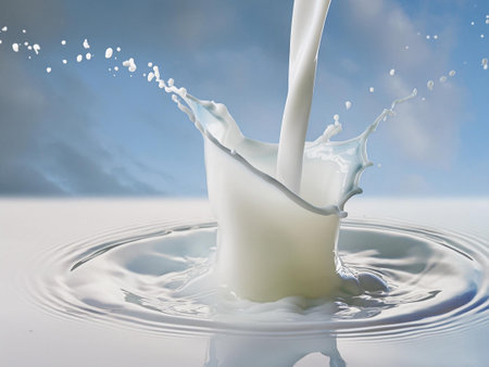 splashing milk on blue sky and white clouds background, milk splashの素材