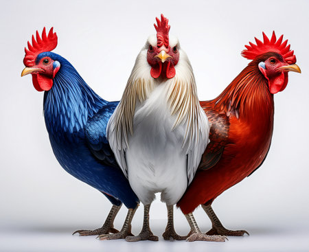 Colorful roosters isolated on white background. 3d renderの素材