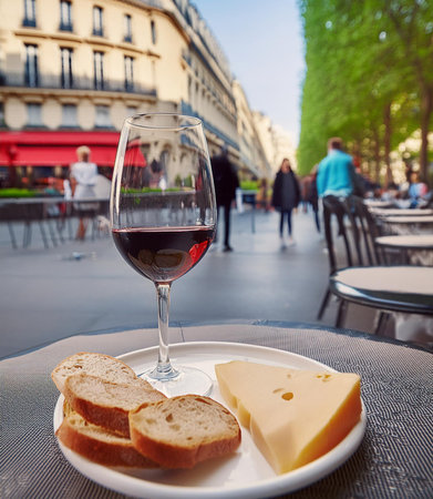 Glass of red wine with cheese and bread on a table in Parisの素材