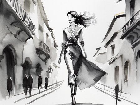 Watercolor illustration of a young beautiful woman walking in the street.の素材