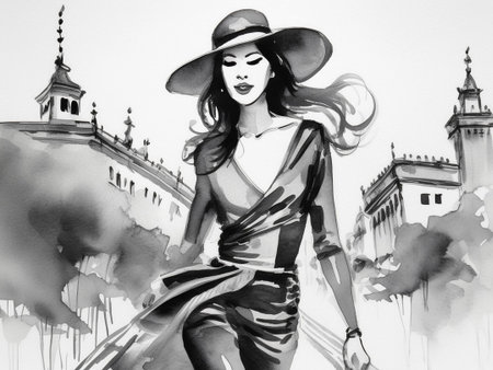 Beautiful girl in a hat on the background of the old townの素材