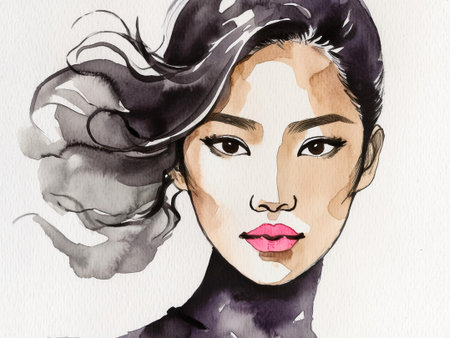 Portrait of a beautiful young woman with black hair. Watercolor painting.の素材