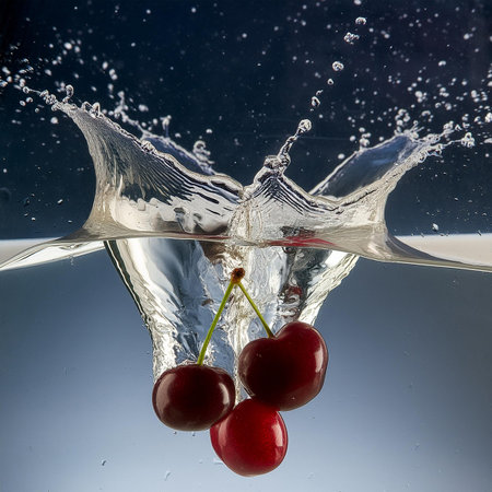 Cherries splashing into water with splash on a dark backgroundの素材