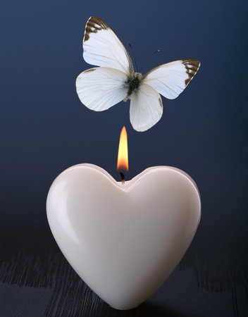 Heart shaped candle with a white butterfly on a dark blue background.の素材
