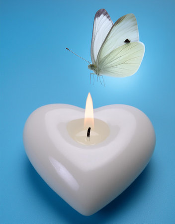 Butterfly on a heart-shaped candle on a blue backgroundの素材