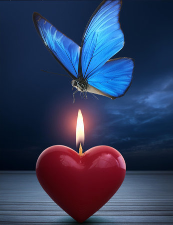 Butterfly on a heart shaped candle against a dark blue skyの素材