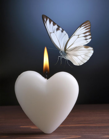 Heart shaped candle with butterfly on it, on wooden table, on dark backgroundの素材