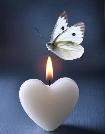 Butterfly on a white candle in the shape of a heartの素材