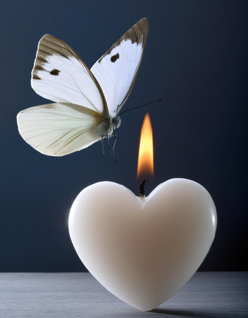 Butterfly on a candle in the shape of a heart.の素材