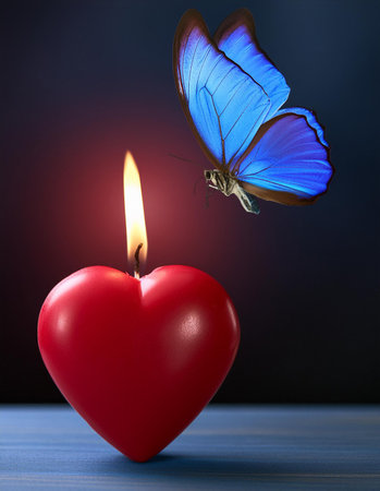 Red heart and butterfly on a blue background. Valentine's day.の素材
