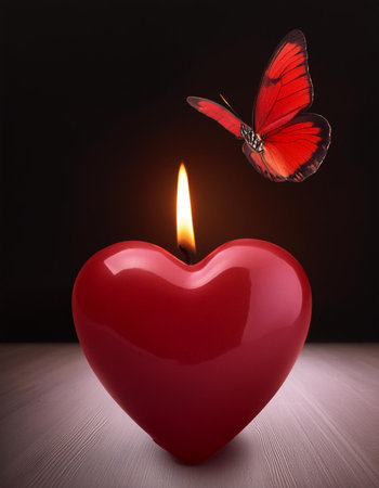 Heart shaped candle with butterfly on dark background. Valentine's day conceptの素材
