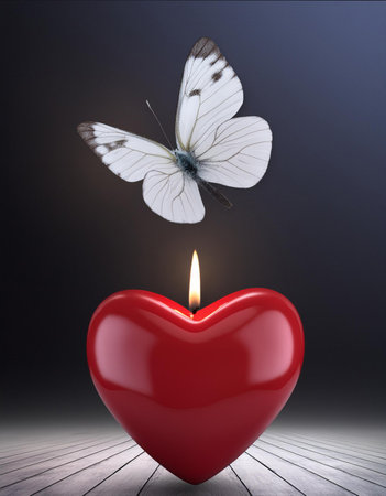 Red heart with a white butterfly on a dark background. 3d renderingの素材