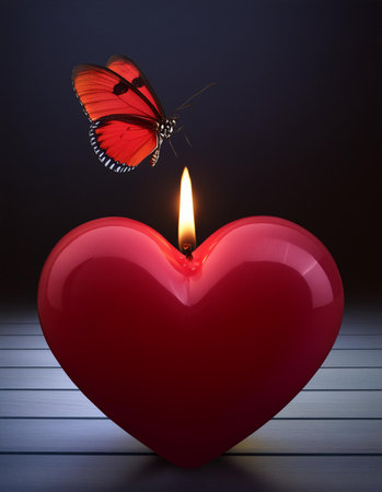 Heart shaped candle with butterfly on dark background. Valentine's day conceptの素材
