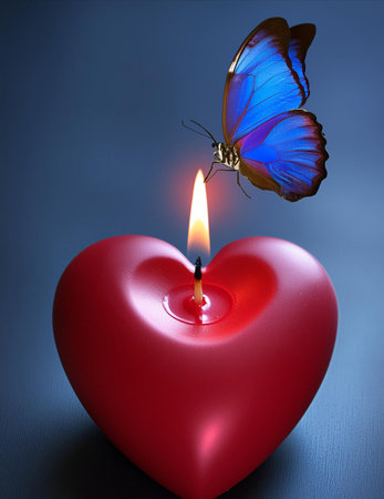 Butterfly on a red candle in the shape of a heartの素材