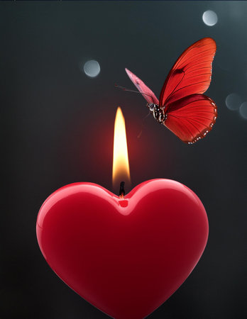 Red heart with a candle in the shape of a heart and butterflyの素材
