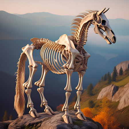Dinosaur skeleton in the mountains. 3D illustration. Fantasy.の素材