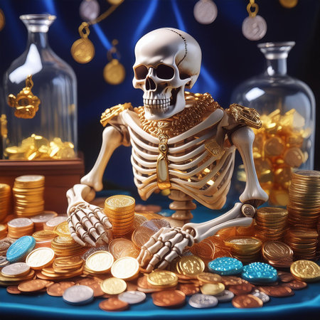 Skeleton with gold coins on a blue background. Halloween concept.の素材