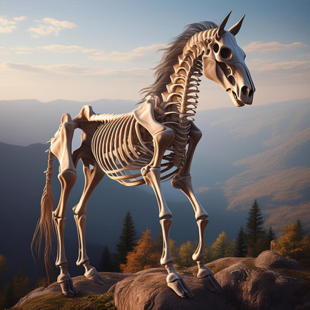 Skeleton of a horse in the mountains. 3D render.の素材