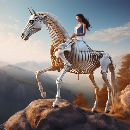 Beautiful girl on a white horse in the mountains. 3d renderingの素材