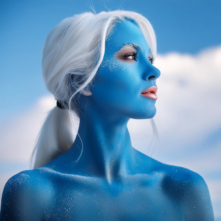 Beautiful woman with blue make-up and snow in her hairの素材