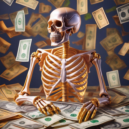Human skeleton and dollar bills. 3D illustration. Dollar background.の素材