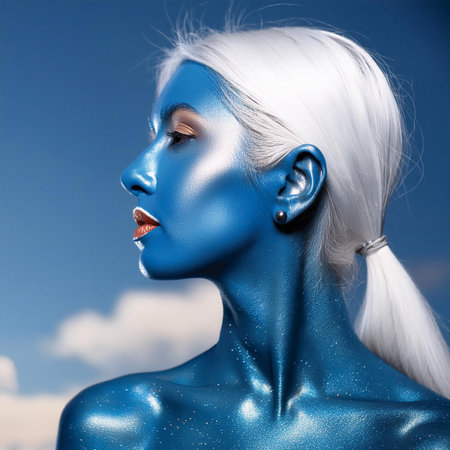 Portrait of beautiful woman with blue make-up and silver hairの素材
