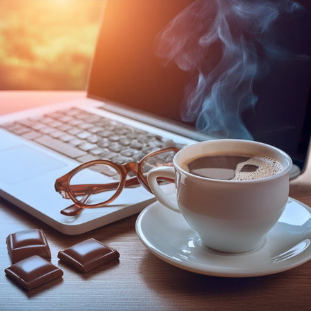 Coffee cup with laptop and chocolate bar on wooden table.の素材